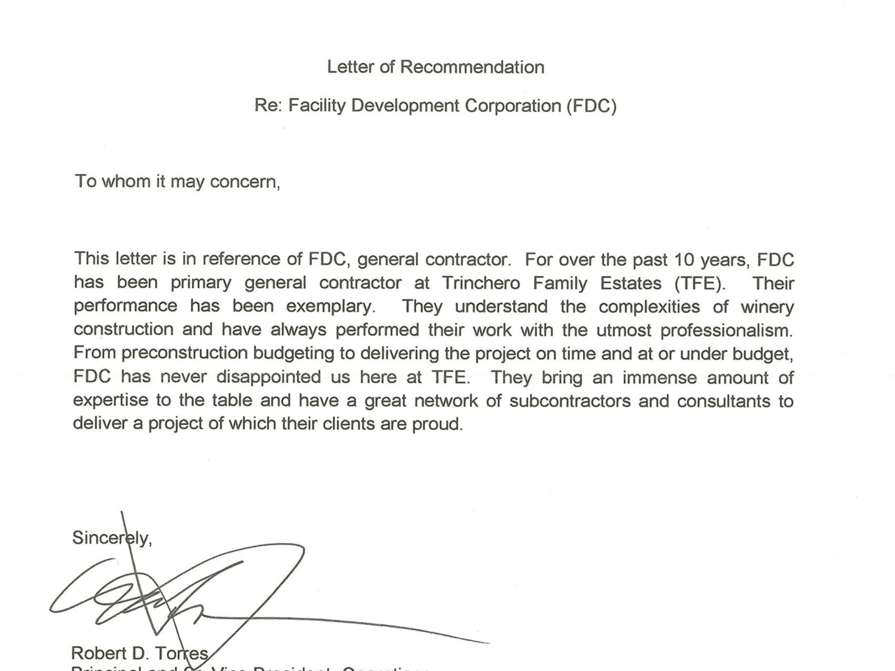 Letter of recommendation for Facility Development Company