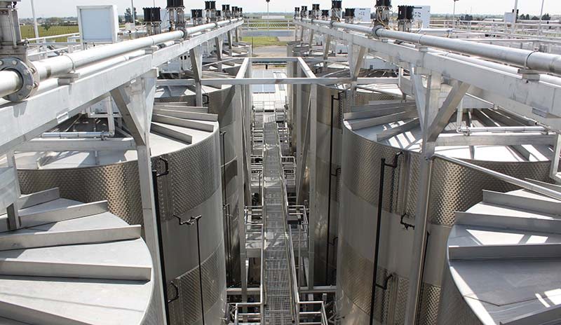 aerial view of stainless steel win making equipment at Sutter Home winery completed by FDC in Sonoma County