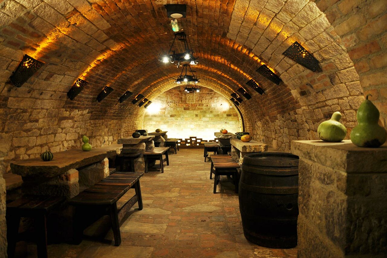 Wine cave with autumn decor and seating