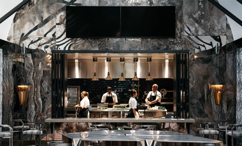 restaurant staff in a commercial kitchen in a winery building