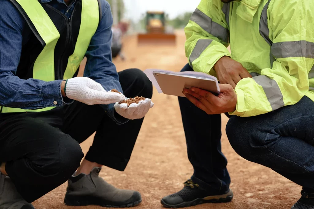 Two engineers conduct soil analysis for a commercial construction project.