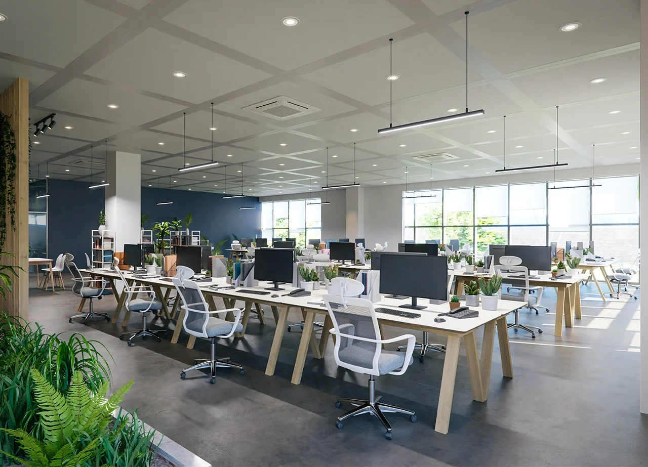 the interior of a modern and trendy business office