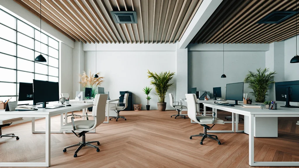 the interior of a modern and trendy business office