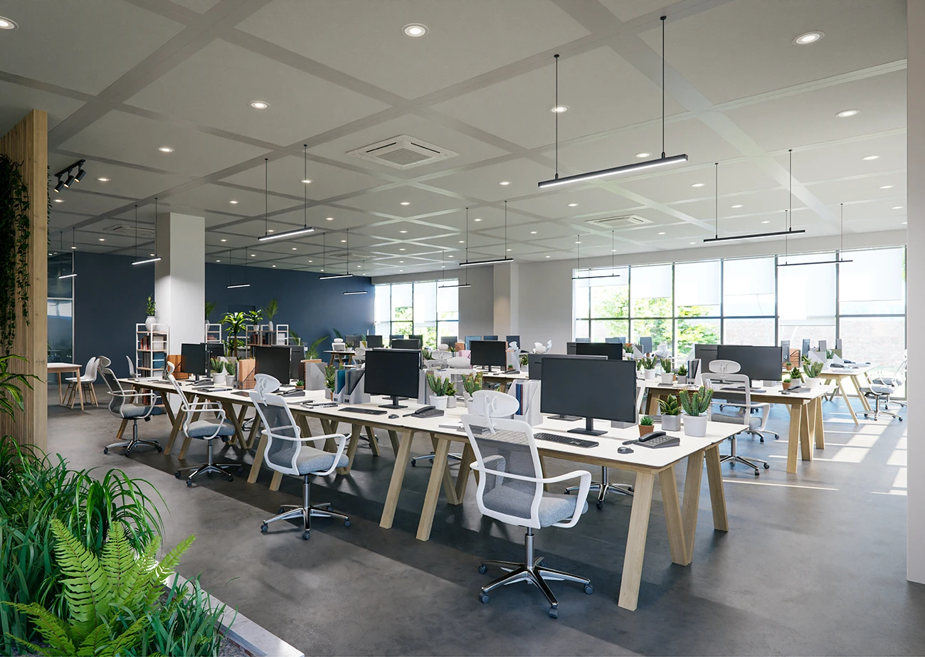 the interior of a modern and trendy business office
