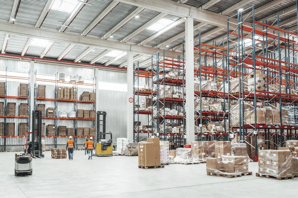 The interior of a warehouse fulfillment or distribution center