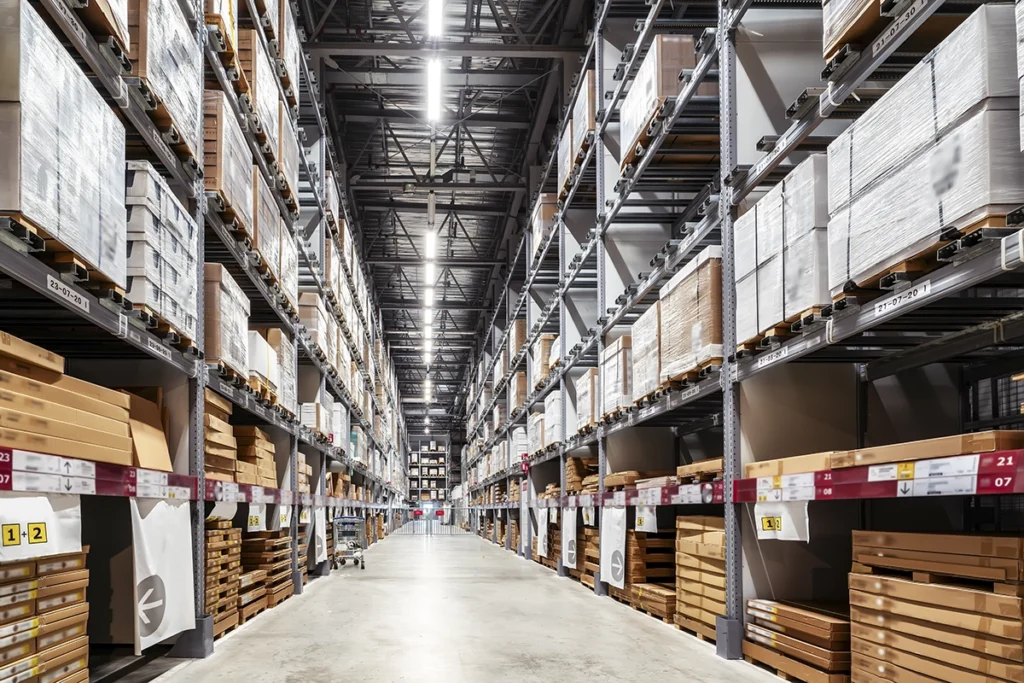The interior of a distribution center warehouse, with concrete floors and tall racks filled with pallets and goods 